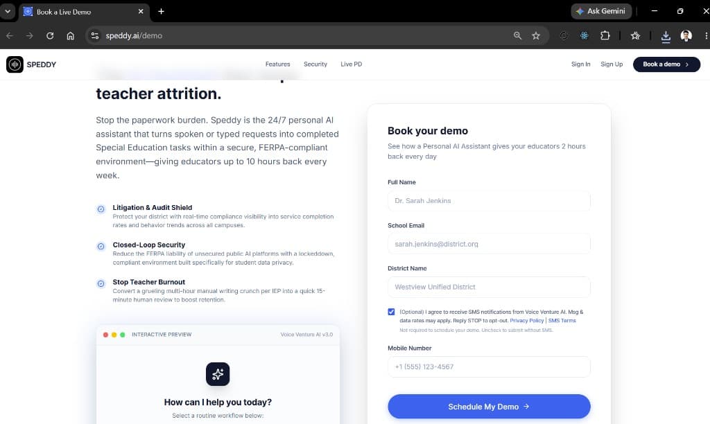 Speddy demo form with SMS checkbox checked and mobile number field visible