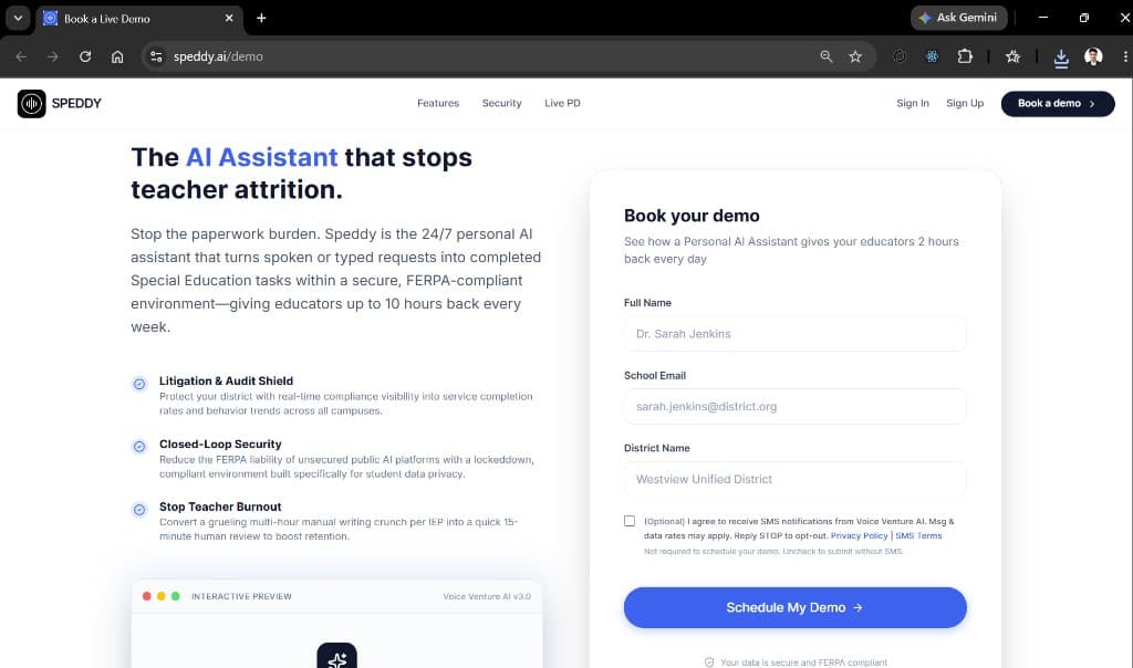 Speddy demo form with optional SMS checkbox unchecked